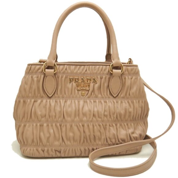 PRADA Handbags - PRADA 1BA172 2-Way Pleated Handbag in Pink Beige Leather, Women's, 253553